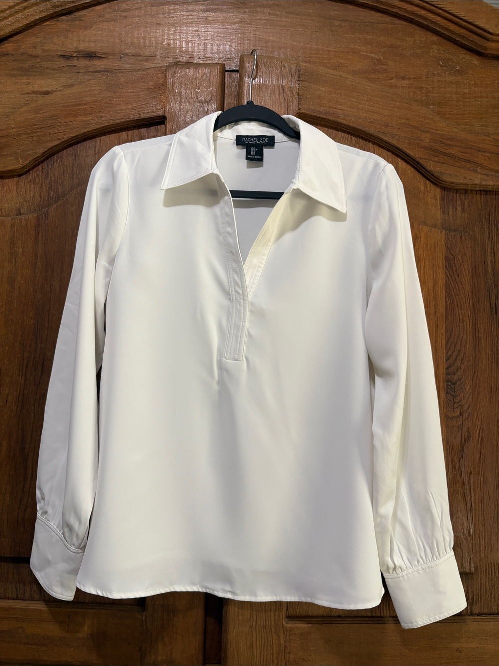 Rachel Zoe Ivory Long-Sleeve Open V-Neck Shirt
